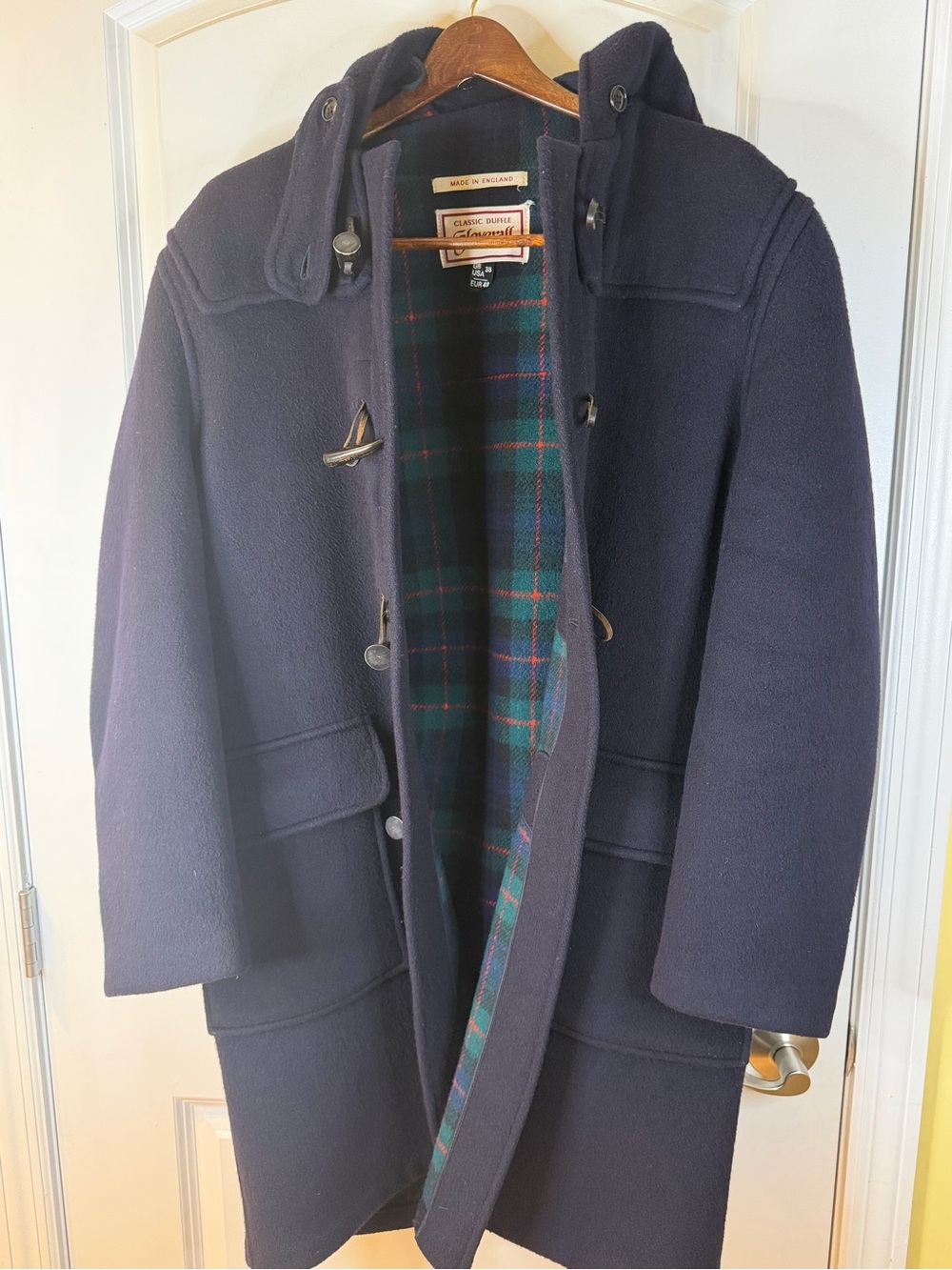Vintage Gloverall Navy Wool Duffle Coat with Green Tartan Lining US 38/ EUR 48